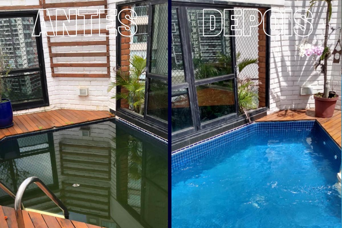 Piscina verde antes da recuperação de piscina Ubatuba